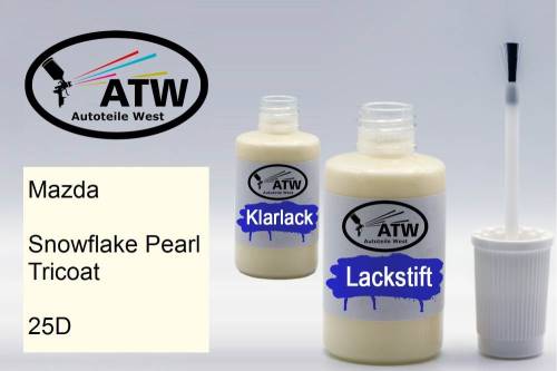 Mazda, Snowflake Pearl Tricoat, 25D: 20ml Lackstift + 20ml Klarlack - Set, von ATW Autoteile West.